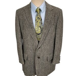 Stanley Blacker Harris Tweed Blazer Mens 42R Black Herringbone 70s Scottish Wool